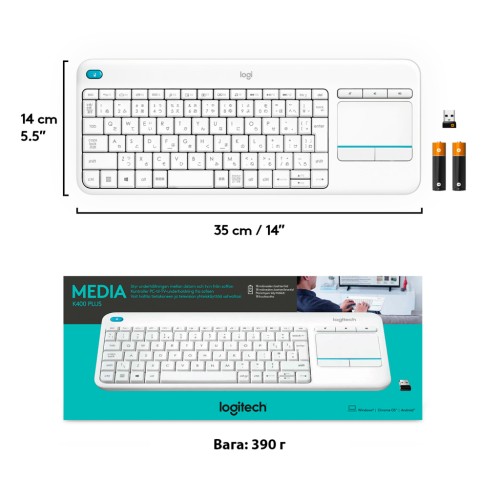 Клавіатура Logitech K400 Plus Touch Wireless UA White (920-007146)