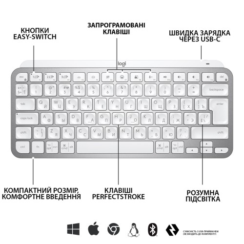 Клавіатура Logitech MX Keys Mini Wireless Illuminated UA Pale Grey (920-010499)