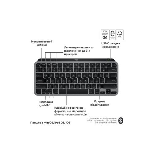 Клавіатура Logitech MX Keys Mini для MAC Wireless UA Space Grey (920-012652)