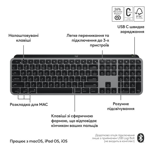 Клавіатура Logitech MX Keys S для MAC Bluetooth/Wireless UA Space Grey (920-011637)