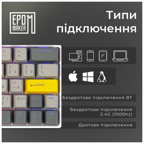 Клавіатура Epomaker EP64 60 Mulan Switch Hot-Swap RGB Wireless/Bluetooth/USB UA White (EP64-W-M)