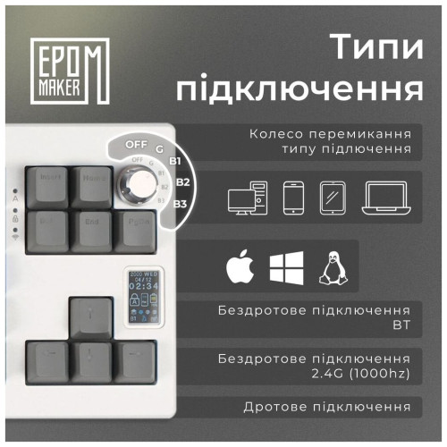 Клавіатура Epomaker Shadow-X 70 Mulan Switch Hot-Swap LCD Screen RGB Wireless/Bluetooth/USB UA White (SHX-W-M)