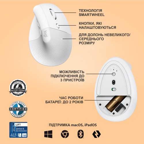 Мишка Logitech Lift Vertical Ergonomic Wireless/Bluetooth White (910-006475)