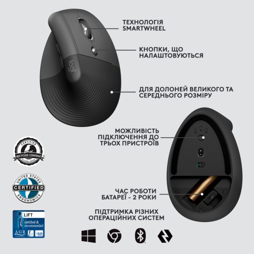 Мишка Logitech Lift Vertical Ergonomic Wireless/Bluetooth for Business Graphite (910-006494)