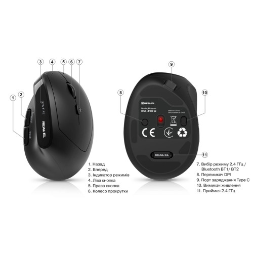 Мишка REAL-EL RM-490W Wireless/Bluetooth Black (EL123200058)