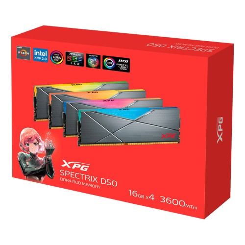 Модуль памяті для компютера DDR4 64GB (4x16GB) 3600 MHz XPG Spectrix D50 RGB Tungsten ADATA (AX4U360016G18I-QCTG50)