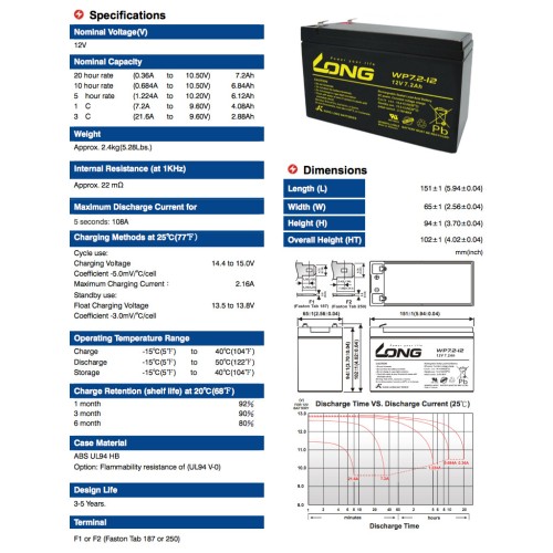 Батарея до ДБЖ Long 12В 7.2 Ач (WP7.2-12) (WP7.2-12A)