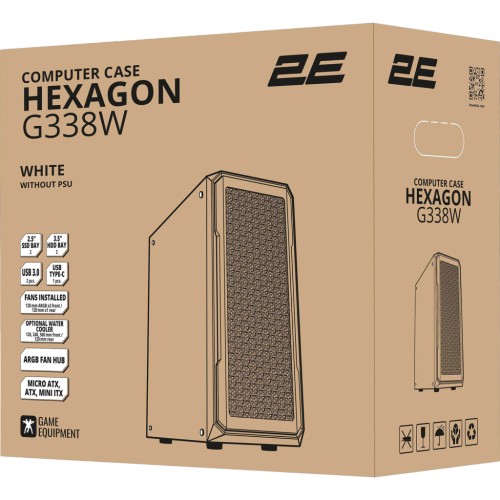 Корпус 2E Gaming Hexagon G338W, без БЖ, 2xUSB 3.0, 1xUSB Type-C, 1x120mm, 3x120mm ARGB, TG Side Panel, AT (2E-G338W)