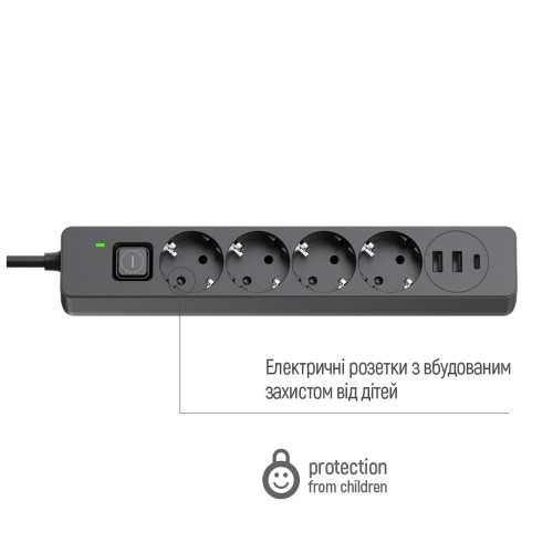 Мережевий фільтр живлення ColorWay CW-CHE435PDB, 4 розетки/3USB 5M (CW-CHE435PDB)