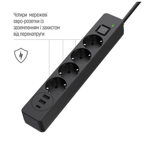 Мережевий фільтр живлення ColorWay CW-CHE435PDB, 4 розетки/3USB 5M (CW-CHE435PDB)