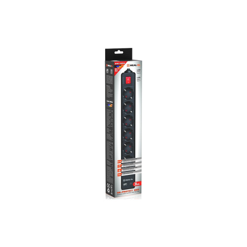 Мережевий фільтр живлення REAL-EL RS-PROTECT 605 3m, black (EL122300041)