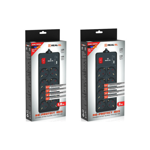 Мережевий фільтр живлення REAL-EL RS-PROTECT 805 5m, black (EL122300043)