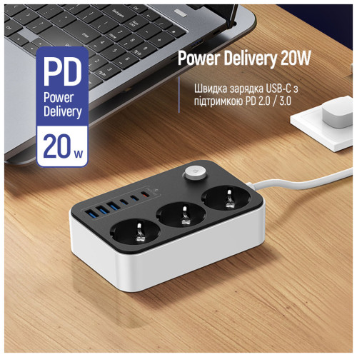 Мережевий фільтр живлення ColorWay CW-CHE36PDB, 3 розетки/ 3USB + 3TYPE-C 2M (CW-CHE36PDB)