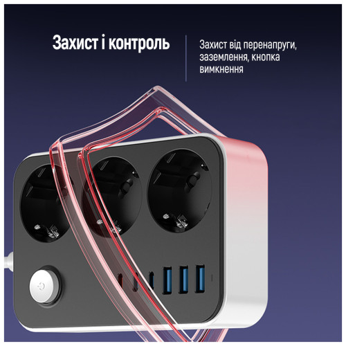 Мережевий фільтр живлення ColorWay CW-CHE36PDB, 3 розетки/ 3USB + 3TYPE-C 2M (CW-CHE36PDB)