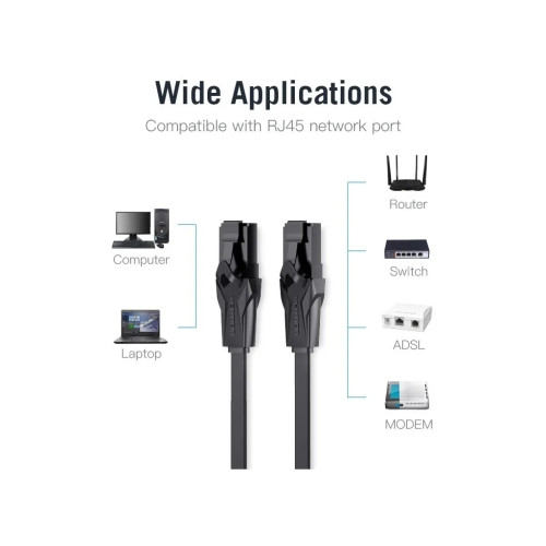Патч-корд Flat Cat.6 UTP Patch Cable 0.75M Black VENTION (IBABE)