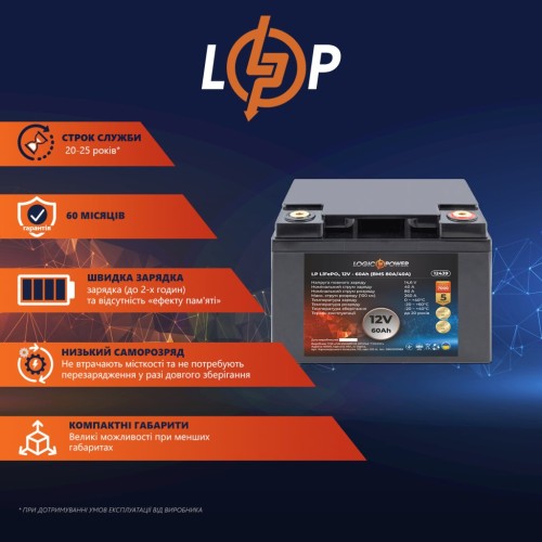 Батарея LiFePo4 LogicPower 12V (12.8V) - 60 Ah (768Wh) (12439)