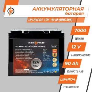 Батарея LiFePo4 LogicPower 12V (12.8V) - 90 Ah (1152Wh) (12938)