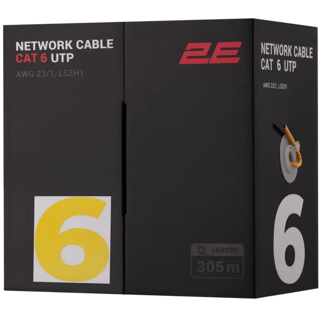 Кабель мережевий 2E UTP 305м cat.6, AWG 23/1, LSZH-1, жовтий (2E-CBL6EUTP-LSZH1-YLW)