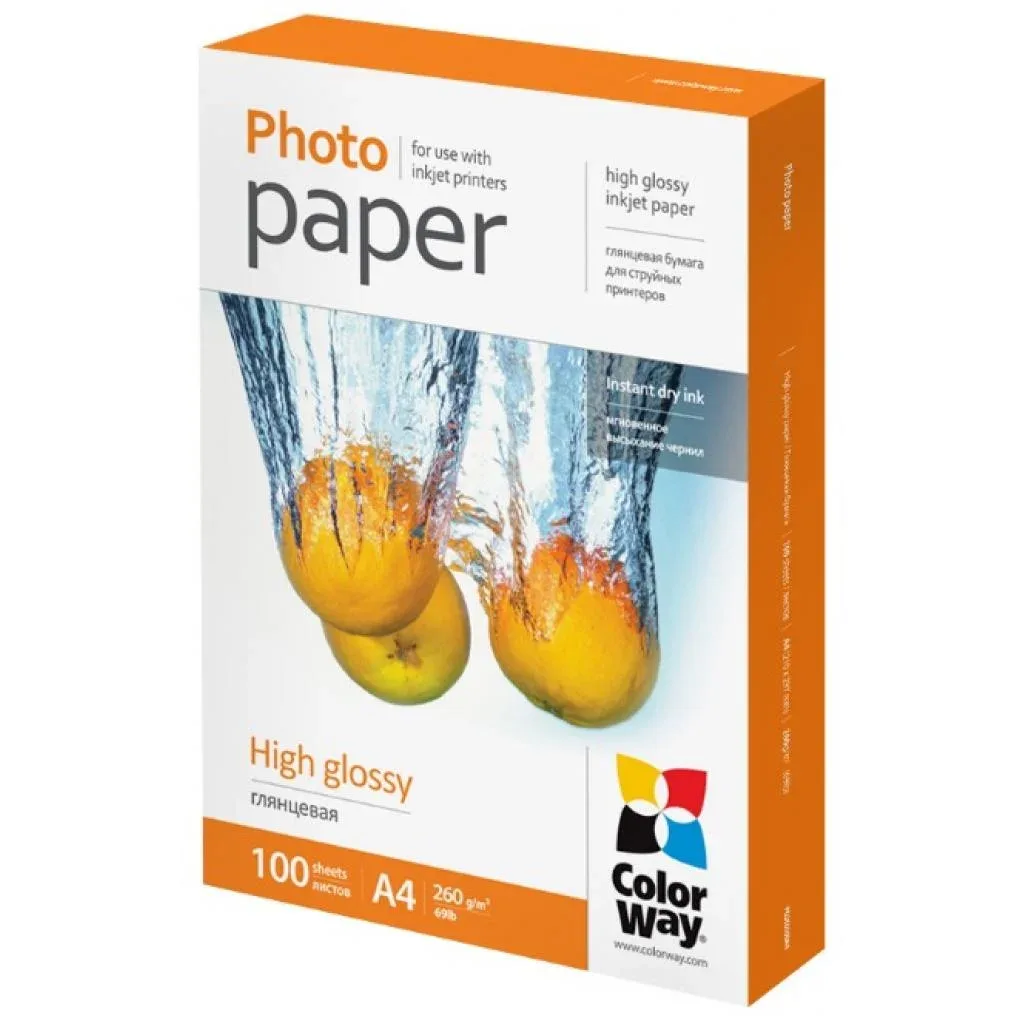 Фотопапір ColorWay A4 260g glossy 100pp, Cardboard pkg. (PG260100A4)